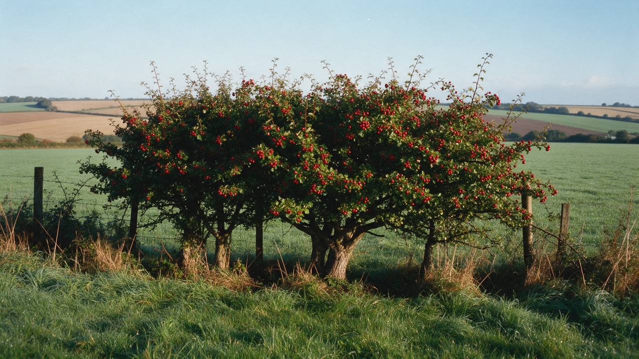A hawthorn hedgerow at the edge of a green field