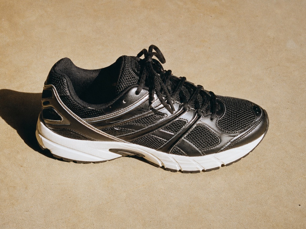 Black and white running shoe on a beige surface