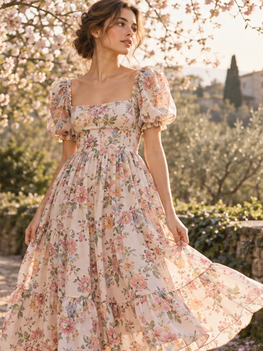 Woman in a floral midi dress with puffed sleeves in a spring garden