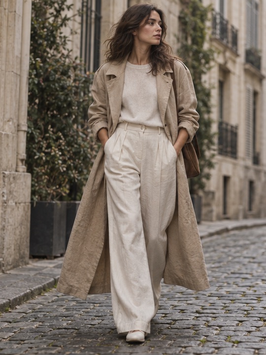 Woman in a long beige linen trench coat and wide cream trousers on a cobbled street