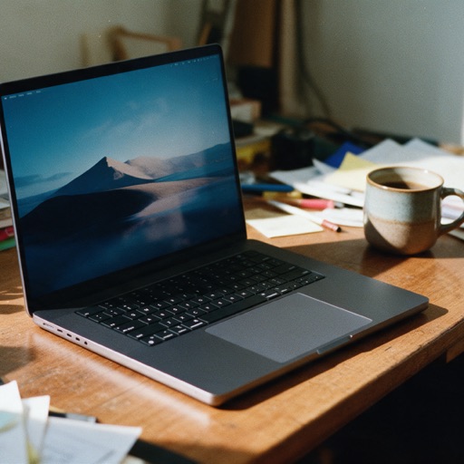 A graphite laptop open on a cluttered desk