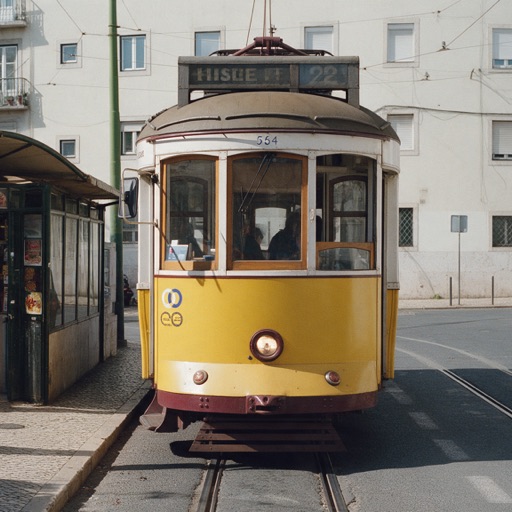 A quiet flat street with a yellow tram