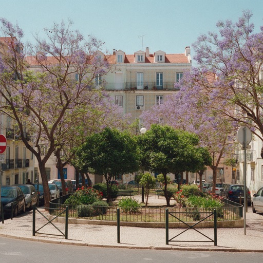 A leafy Lisbon street beside a garden square